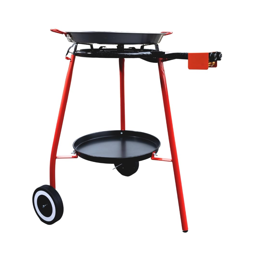 Andreu 18-Inch (46 cm) Carbon Steel Paella Pan Set with Double Ring Propane Gas Burner & Wheeled Stand - 12 Servings | Perfect for Outdoor Cooking, Parties, and Spanish Cuisine