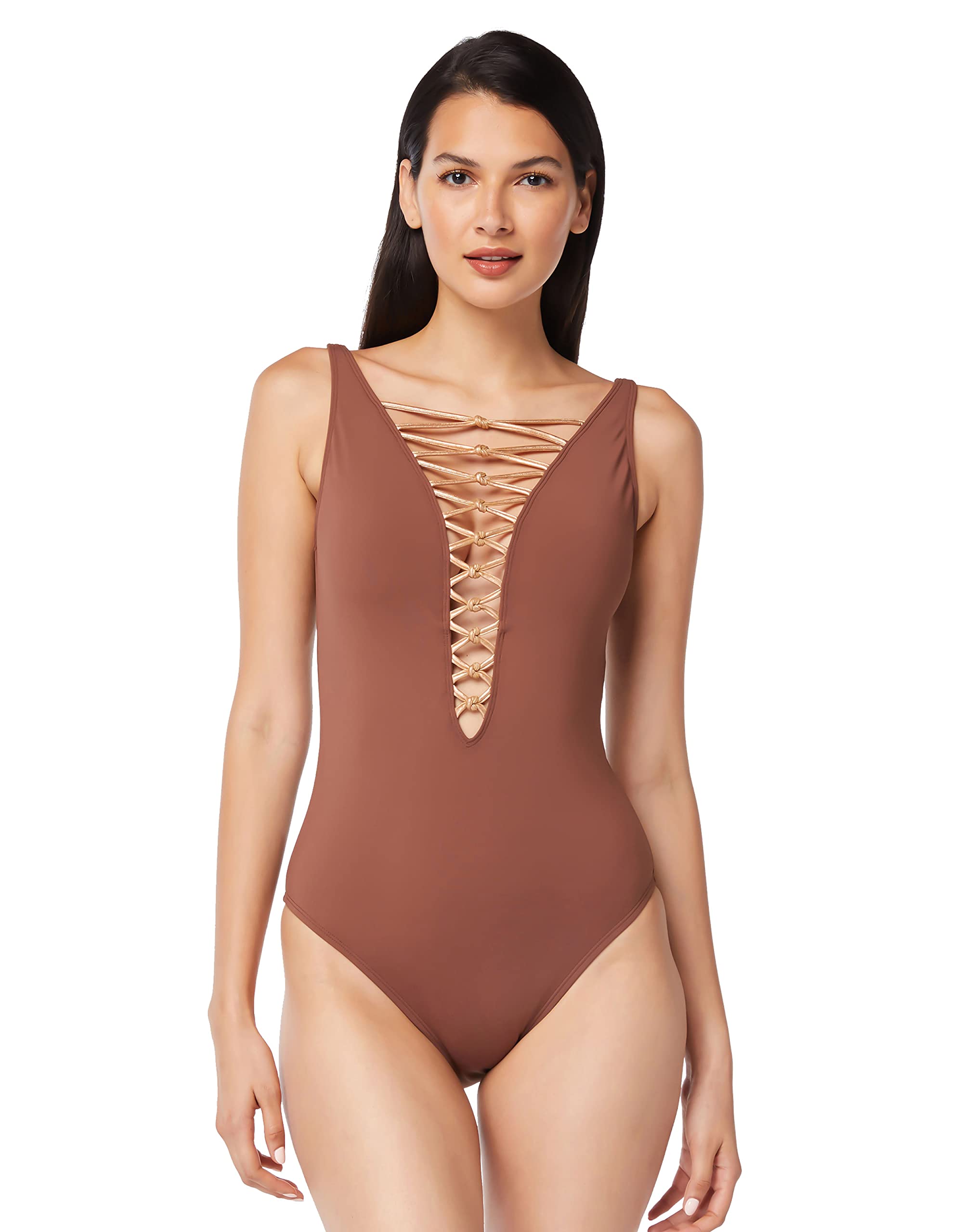 Bleu Rod Beattie Lace Up Plunge One Piece Swimsuit - Sexy Coconut Water Color Bathing Suit for Women | Perfect for Beach Vacation, Pool Party & Summer Getaways