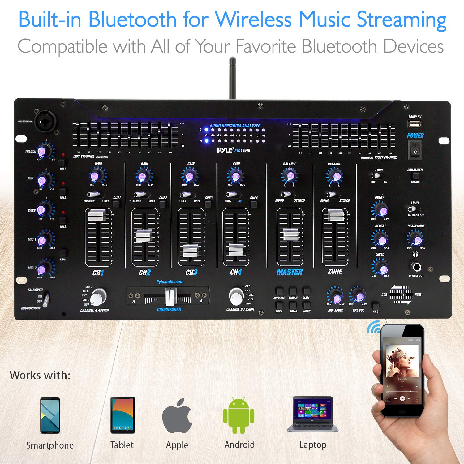 Pyle 6 Channel Bluetooth DJ Mixer Controller - Professional Digital Audio Mixing System with LED Illumination, Speed Control & 5U Rack Mount (PYD1964B) - Perfect for DJ Studios, Live Performances & Home Recording