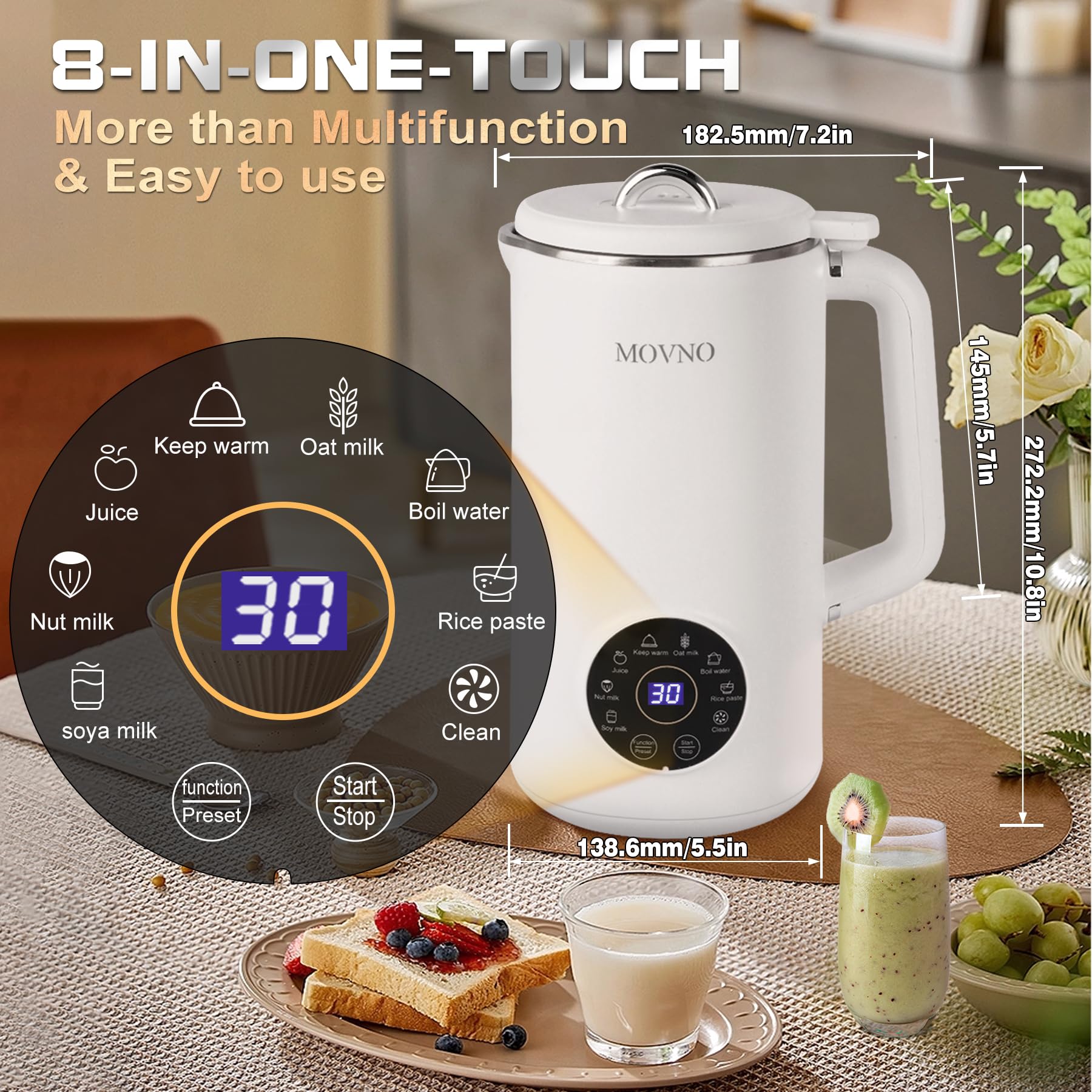 8-in-1 Nut Milk Maker Machine - 1000ml Capacity for Homemade Almond, Oat, Coconut & Soy Milk - Automatic Plant-Based Dairy-Free Beverage Blender with Delay Start, Keep Warm & Boil Water Functions - Perfect for Vegan, Keto & Healthy Lifestyle Kitchens