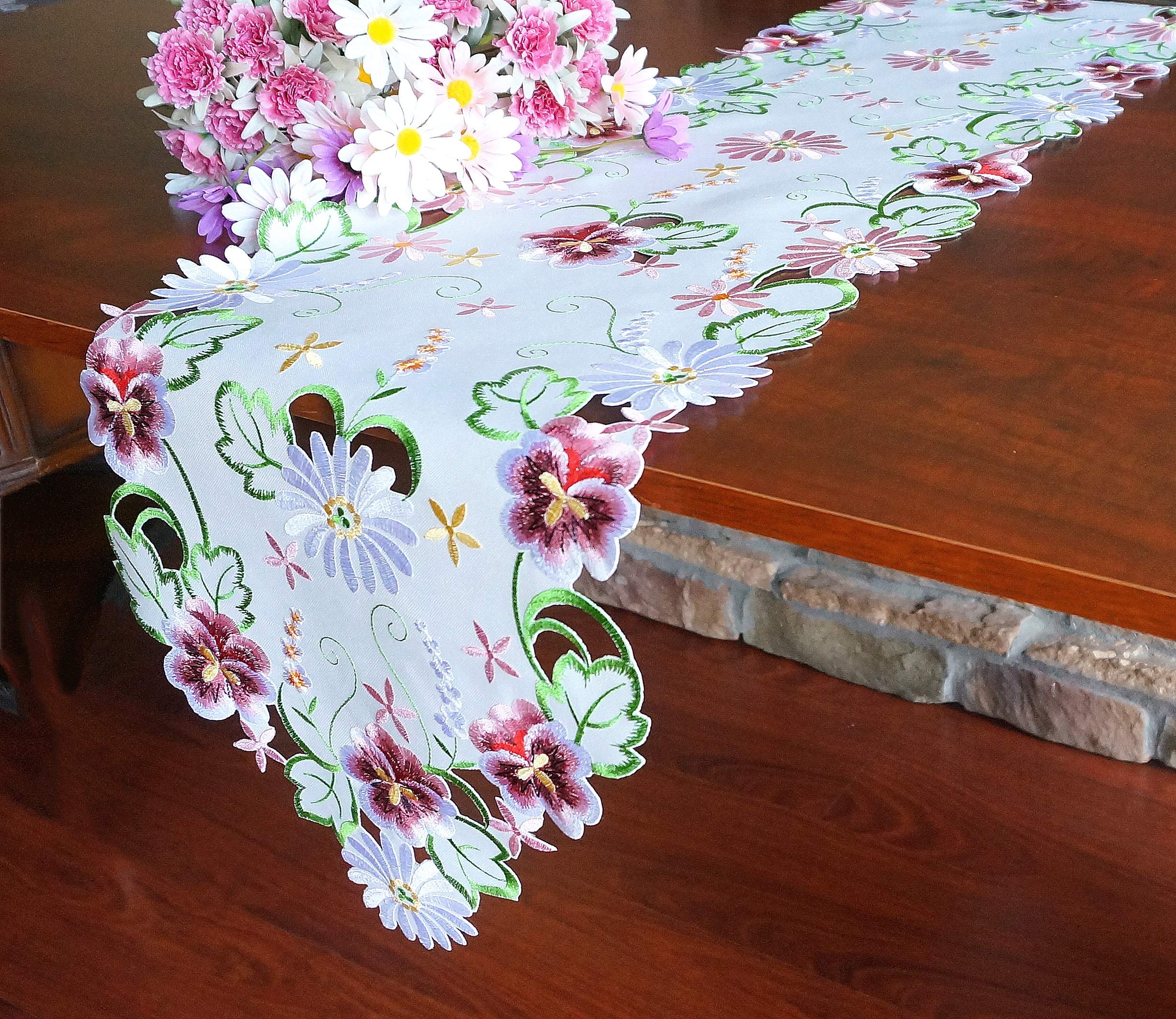 13×54 Inch White Embroidered Cutwork Floral Table Runner - Spring Flower Design for Dining Room, Kitchen, Dresser & Easter Decor - Elegant Home Tabletop Decoration
