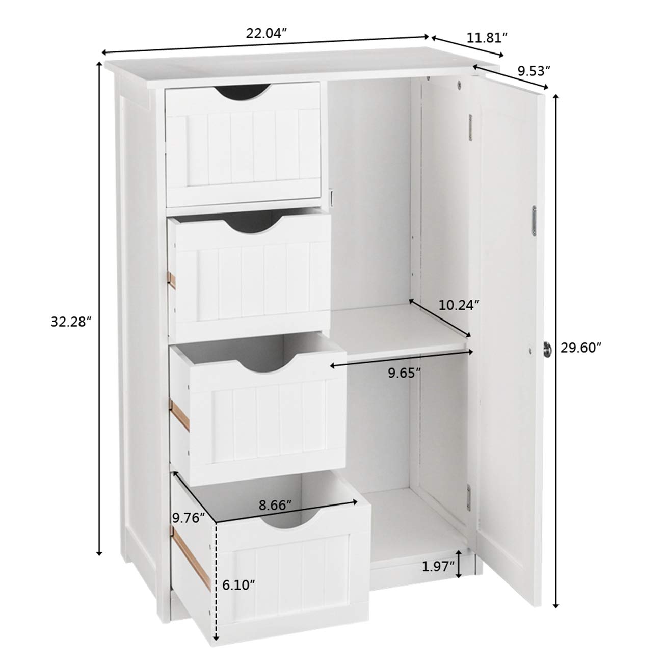 White Single Door Bathroom Storage Cabinet with 4 Drawers - Multifunctional Floor Organizer for Bathroom, Bedroom, or Laundry Room - Space Saving Storage Rack Stand for Towels, Toiletries & Cleaning Supplies