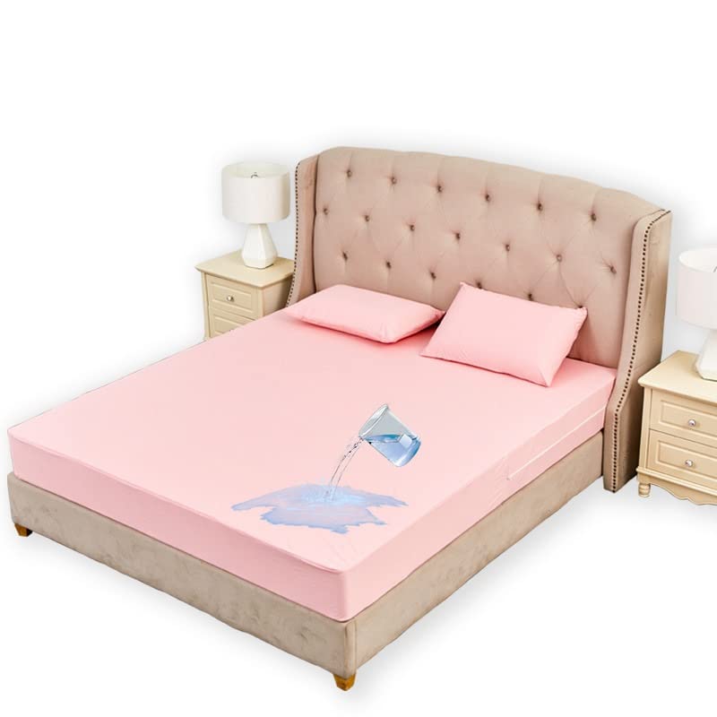 XWSM Waterproof Mattress Protector - Breathable, Noiseless Bed Sheet Cover with 25cm Deep Pocket for Kids, Pets & Adults - Pink 140x200cm - Perfect for Allergy Protection, Bedwetting & Pet Accidents