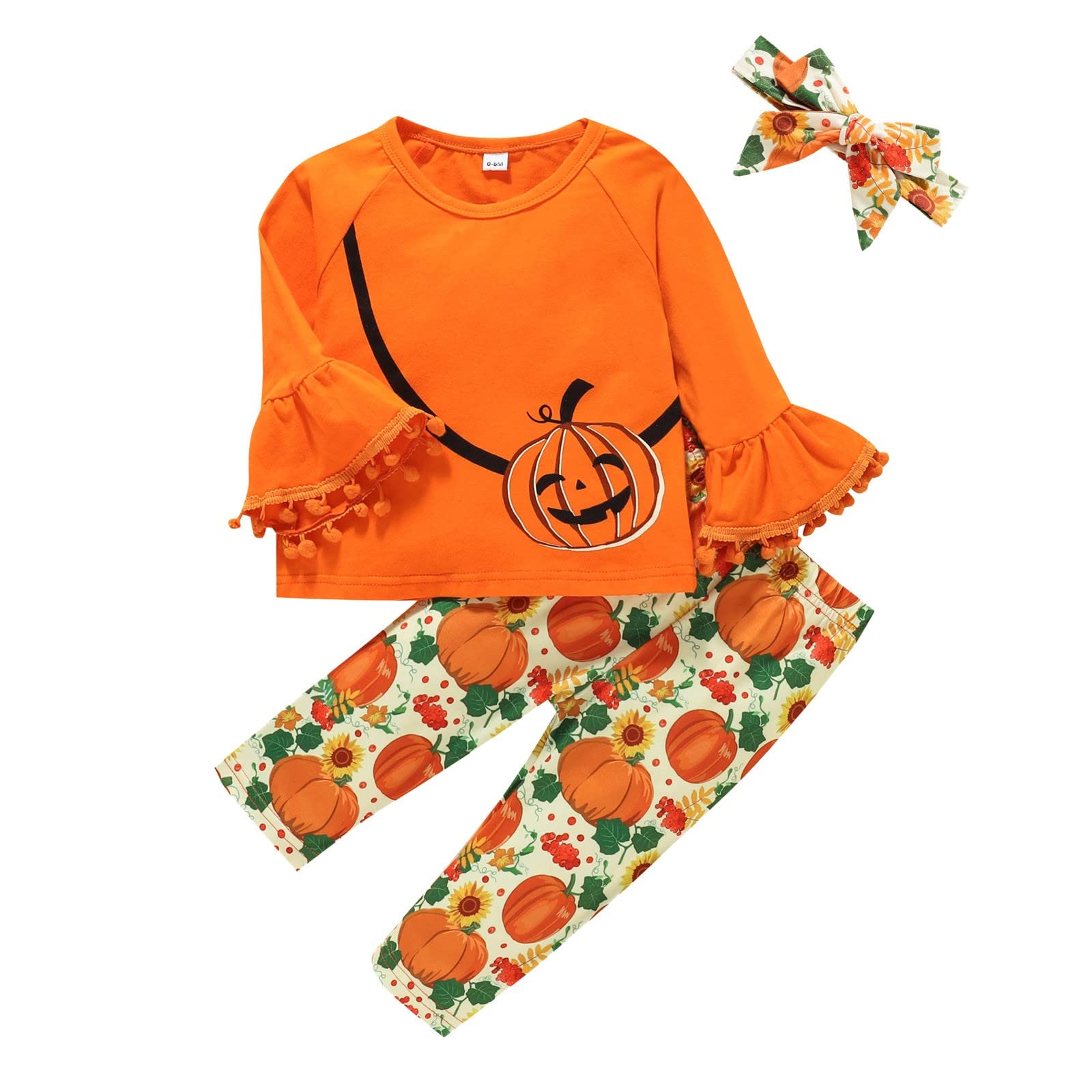 **Adorable Toddler Girls Halloween Outfit - Long Sleeve Pumpkin Print Top & Flared Pants Set | Cute Baby Girl Gift (Yellow, 6-12 Months) | Perfect for Halloween Parties & Photo Shoots**