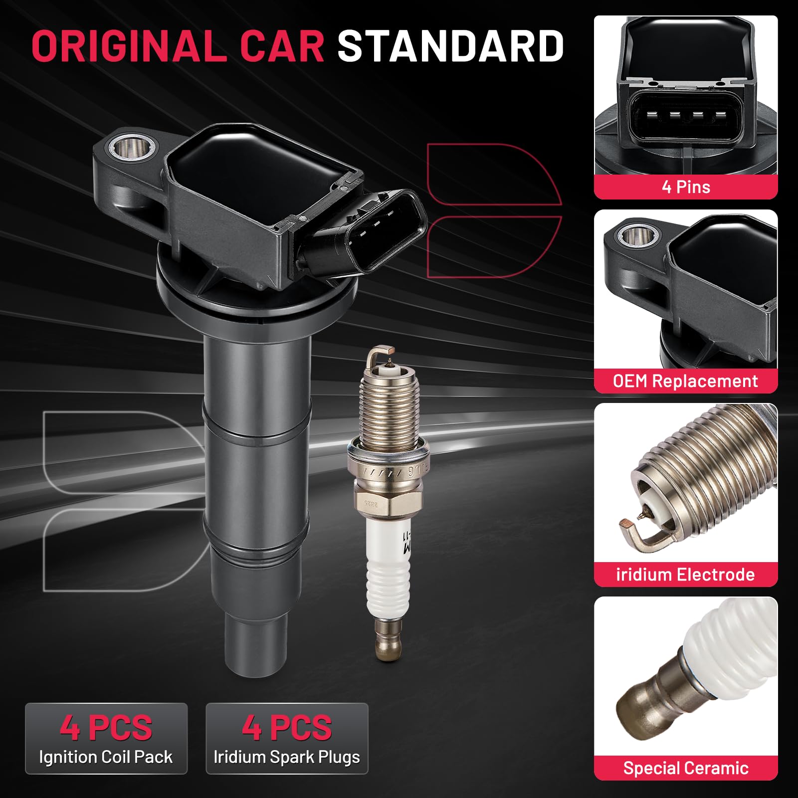 BDFHYK Ignition Coil UF333 & Spark Plug 7092 Compatible with 2.4L L4 Scion Toyota TC Camry Corolla Highlander Matrix RAV4 Solara Lexus HS250h Scion xB tC Pontiac Vibe - Set of 4 - Perfect for Engine Tune-Up & Performance Enhancement