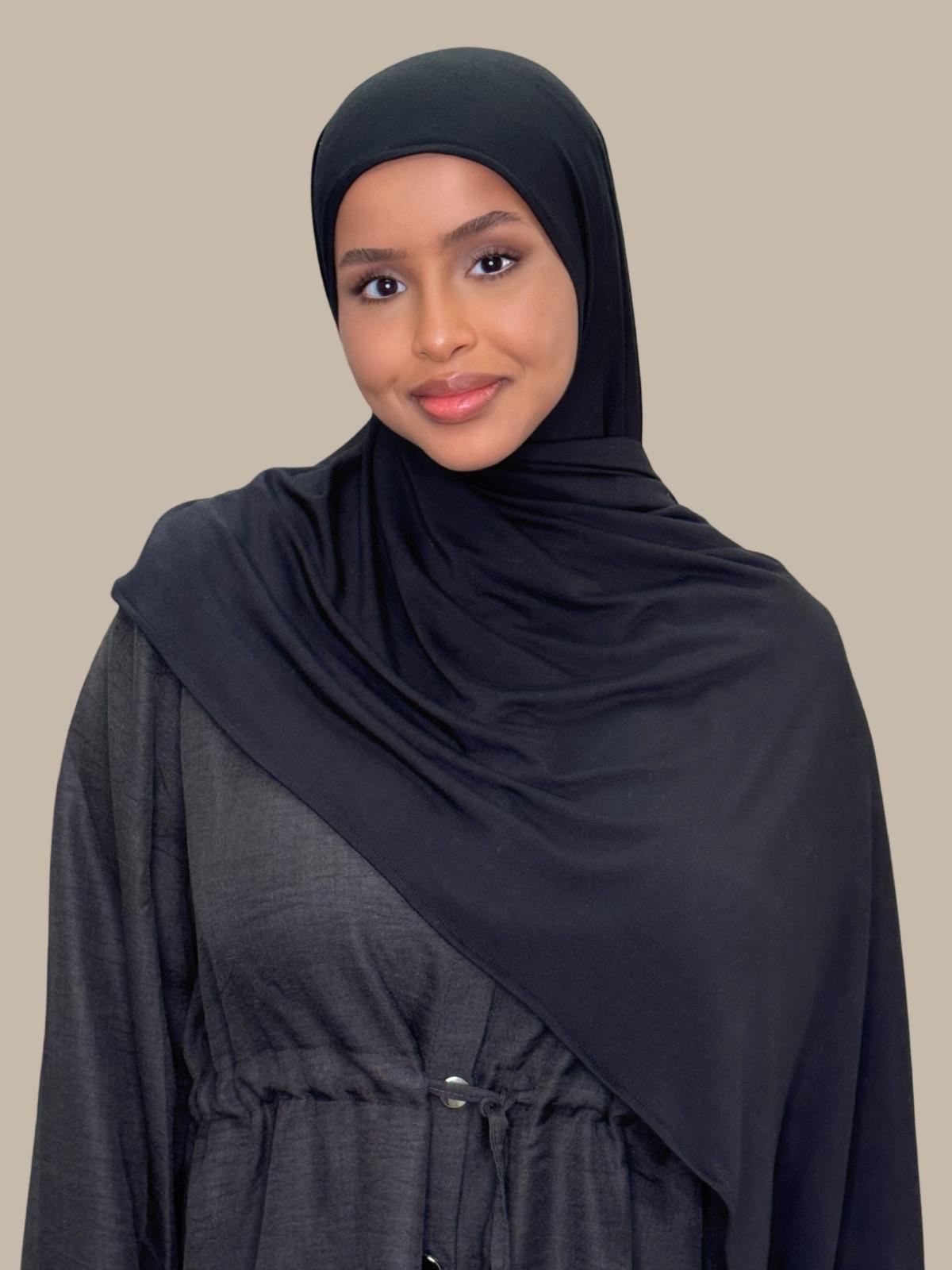 Black Pre-Sewn Jersey Hijab - Soft & Stretchy Muslim Headscarf for Women - Perfect for Daily Wear, Prayer, and Modest Fashion