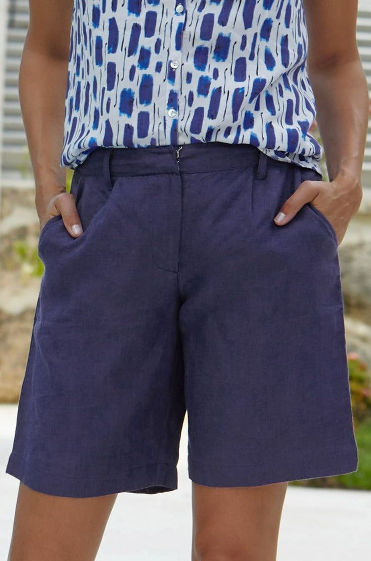 Alexandra Women's Long Linen Shorts - Comfortable High Waisted Summer Beach Shorts in Navy Blue | Perfect for Vacation, Travel & Casual Wear
