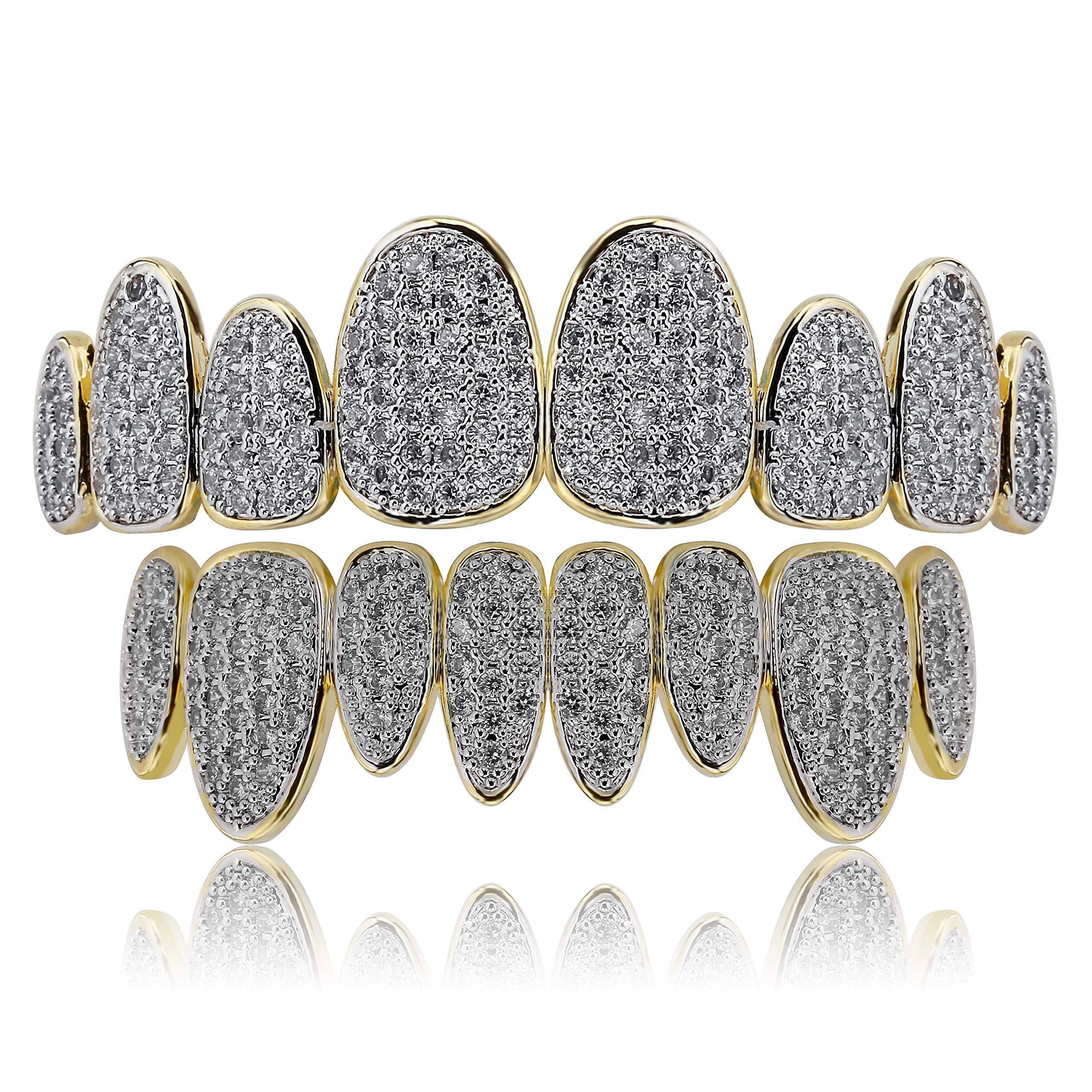 18K Gold Plated Iced Out Simulated Diamond Teeth Grillz - 8 Top & Bottom Dental Grills with Extra Molding Bars for Hip Hop Fashion & Special Occasions