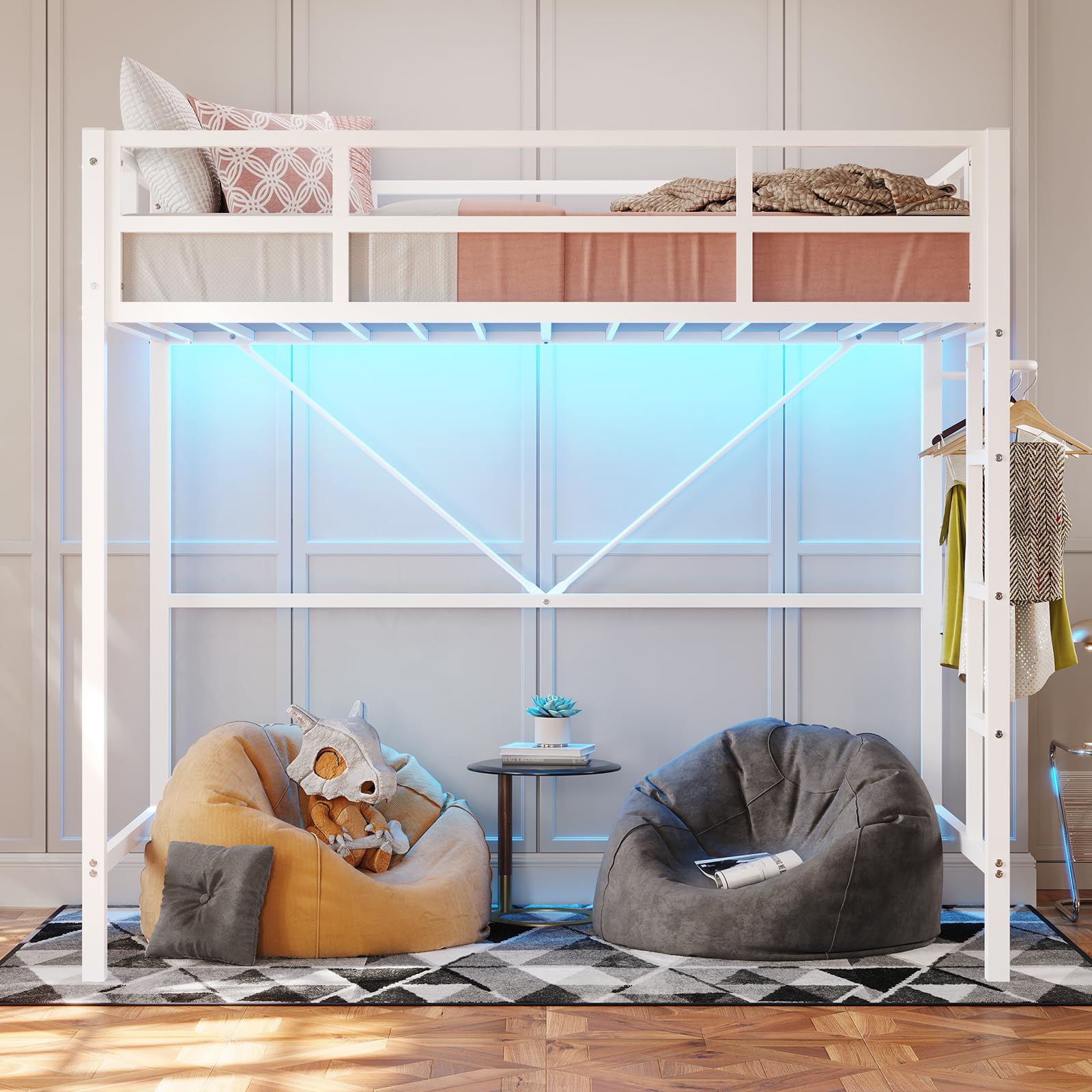 DICTAC Twin Size Loft Bed with LED Lights - Heavy Duty Metal Junior Loft Bed Frame with Full-Length Guardrail & Ladder | Noise-Free, Space-Saving Design | No Box Spring Needed | White | Perfect for Kids' Rooms, Dormitories & Small Spaces