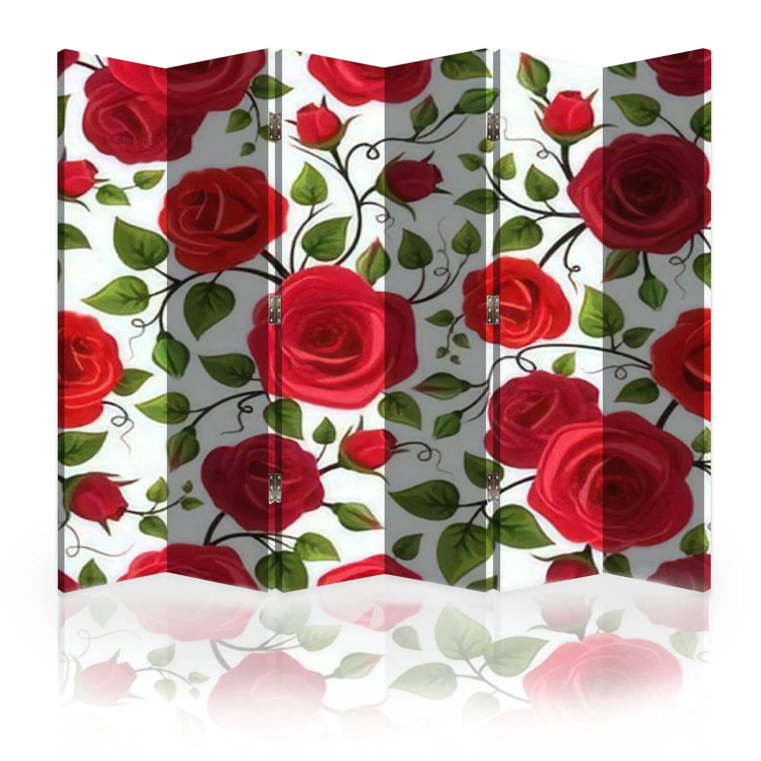 6-Panel Canvas Room Divider with Red Roses Illustration - Folding Privacy Screen, Wall Separator for Bedroom, Office & Living Room | Home Decor & Space Partition Solution