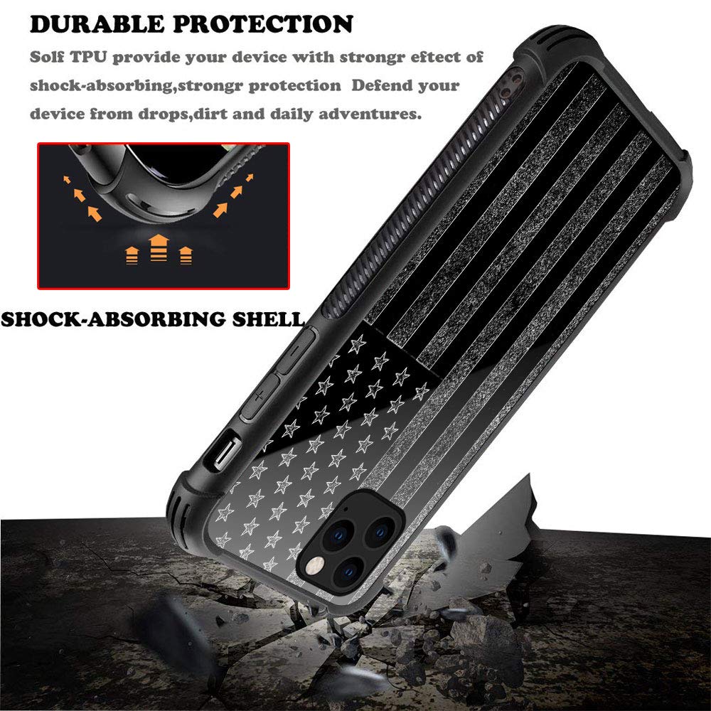 iPhone 11 Pro Case - Black & White American Flag Design with Tempered Glass Back & Soft Silicone TPU Shock Protection | Durable Protective Cover for iPhone 11 Pro | Perfect for Everyday Use, Travel & Outdoor Activities