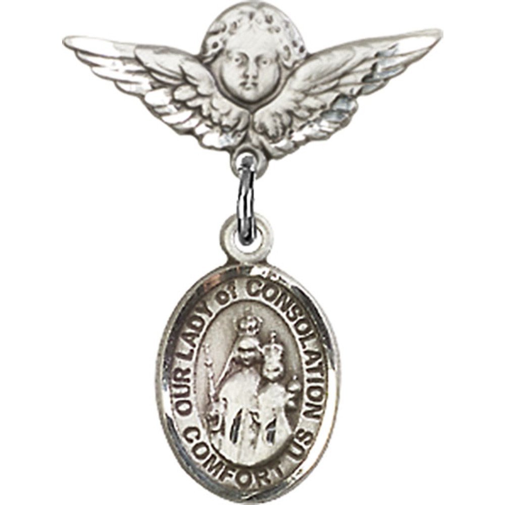 Sterling Silver Baby Badge Pin with Our Lady of Consolation Charm & Angel Wings - 7/8