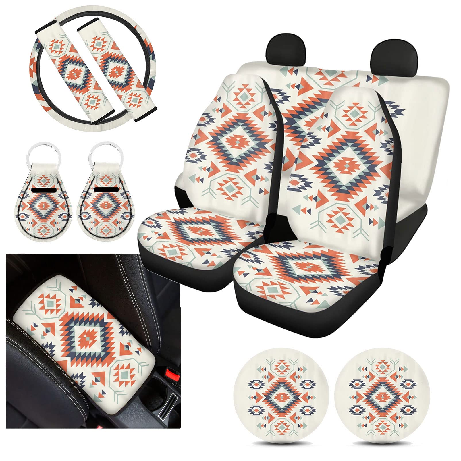 UPETSTORY Aztec Baja Southwest Car Seat Cover Full Set - Universal Fit for Women & Men | Auto Steering Wheel Cover, Seat Belt Covers, Center Console Protector & Coasters | Durable Vehicle Interior Accessories for SUVs, Trucks & Sedans | Perfect for Road Trips, Commuting & Adventure Travel