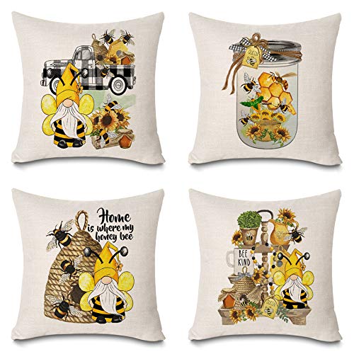 Happy Bee Sunflower Pillow Covers 18x18 Inch - Farmhouse Decor Buffalo Plaid Throw Pillow Cases - Set of 4 Cotton Linen Cushion Covers for Spring Summer Home Decor - Perfect for Living Room, Bedroom, Porch & Outdoor Decorations