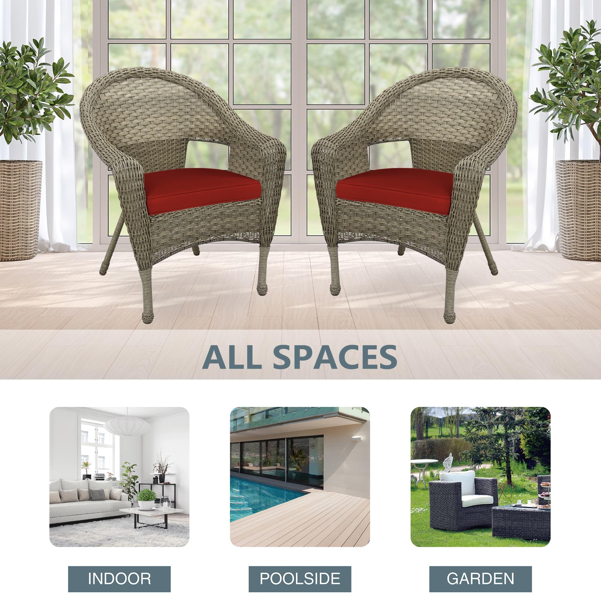 Jeco W00402G_2-FS018 Set of 2 Outdoor Resin Wicker Clark Single Chairs with Grey Frame & Brick Red Cushions - Patio, Garden, Poolside Furniture for Relaxing