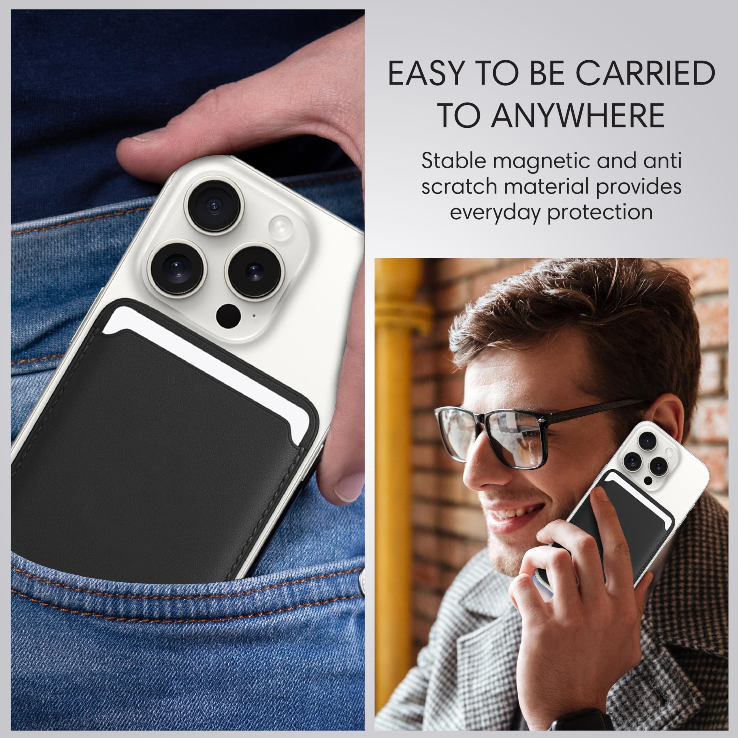 Premium Vegan Leather Magnetic Card Wallet - Slim 3-Card Holder with MagSafe for iPhone 16/15/14/13/12 Pro Max & Plus Series (Black) | Secure RFID Protection, Ideal for Travel, Work & Everyday Carry
