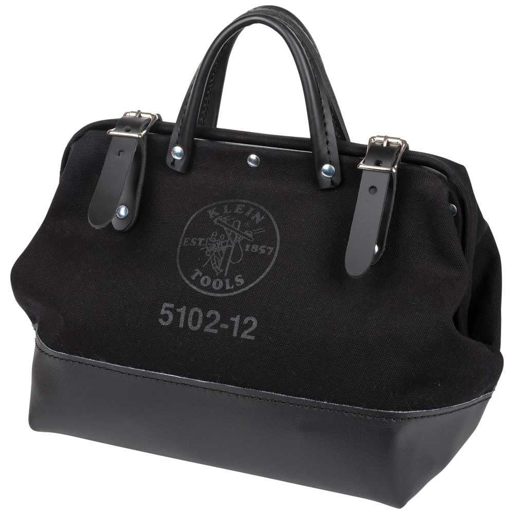 Klein Tools 510212BLK Heavy Duty Black Canvas Tool Bag - 12-Inch Professional Tool Tote with Wide Hinged Opening & Leather Handles - Perfect for Electricians, Contractors & DIY Projects