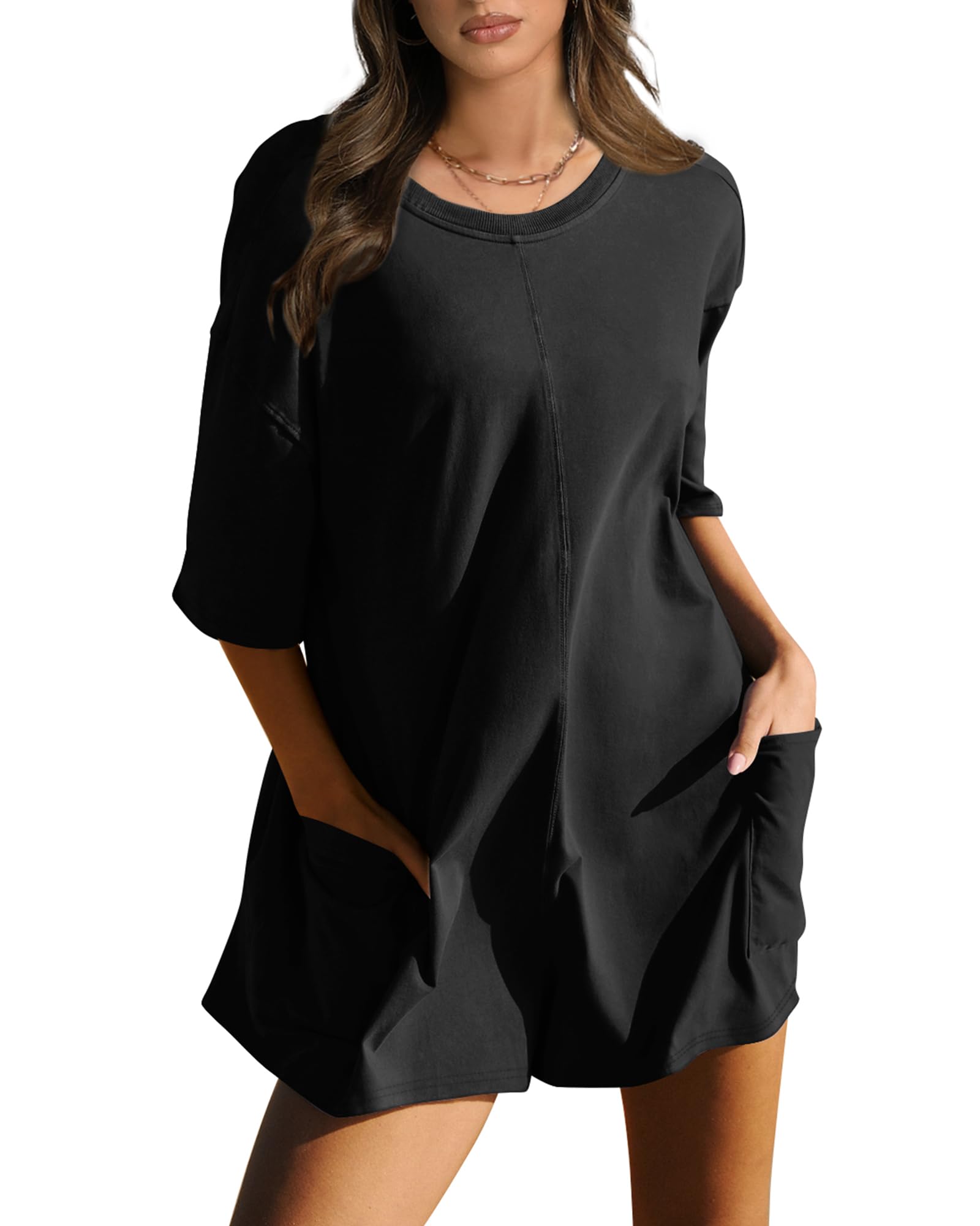 Aokosor Women's Backless Short Sleeve Jumpsuit with Pockets - Trendy One Piece Romper for Summer Vacation 2024 | Casual Outfit, Beach Wear, Party Dress, Street Style Fashion