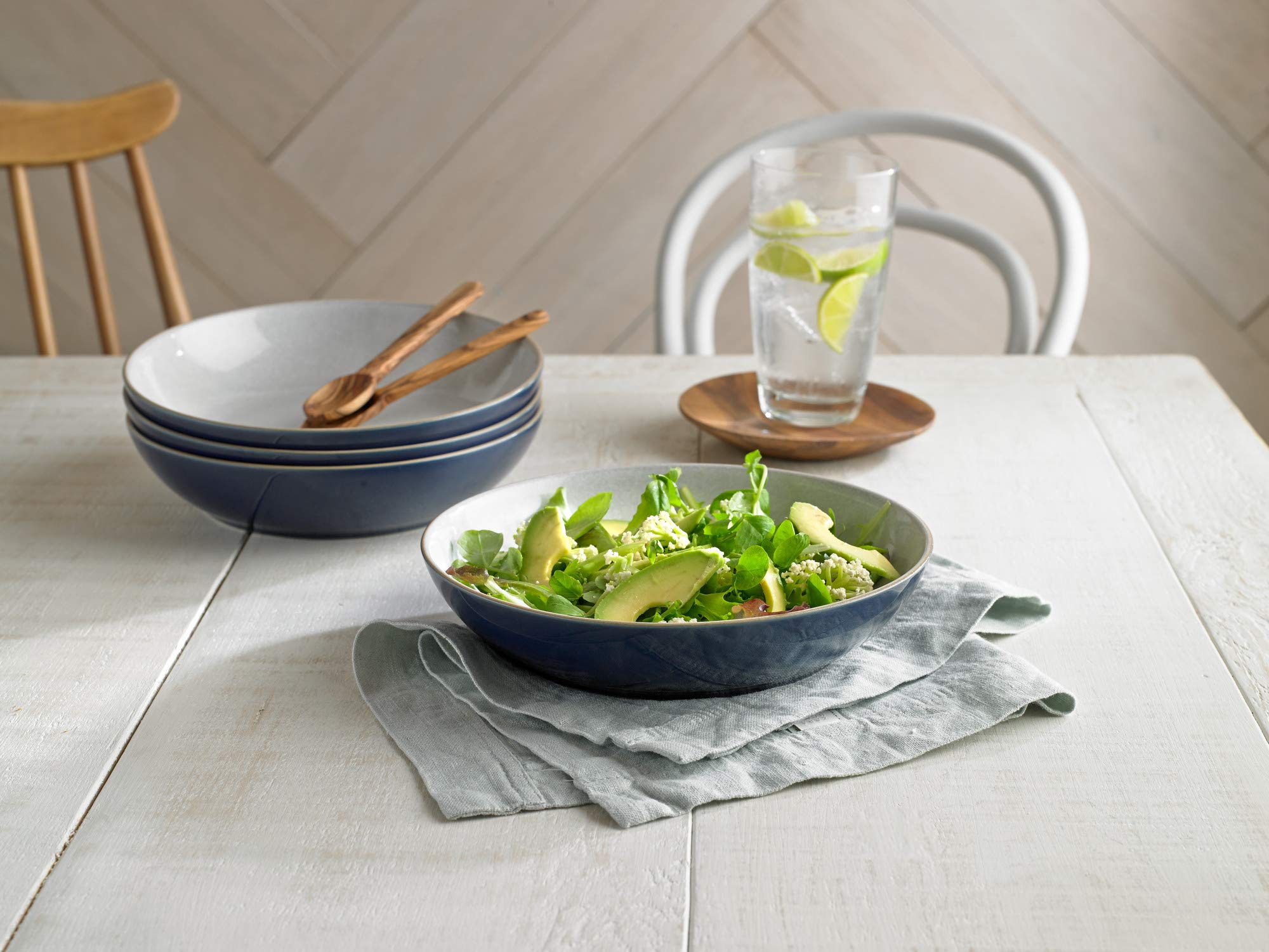 Denby Elements Dark Blue Pasta Bowls Set of 4 - 22cm (1050ml) Navy Blue & White Ceramic Stoneware - Microwave & Dishwasher Safe, Chip & Crack Resistant - Perfect for Italian Pasta, Soup, Salad & Family Dining