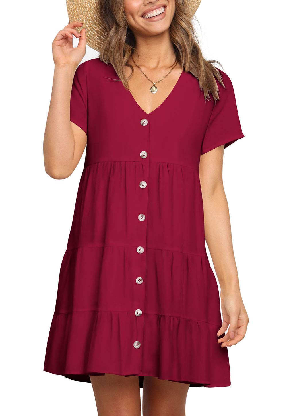 FOWSMON Women's Ruffle Short Sleeve V-Neck Swing Dress - Flowy Loose Printed Summer Dress for Beach, Vacation & Casual Outings