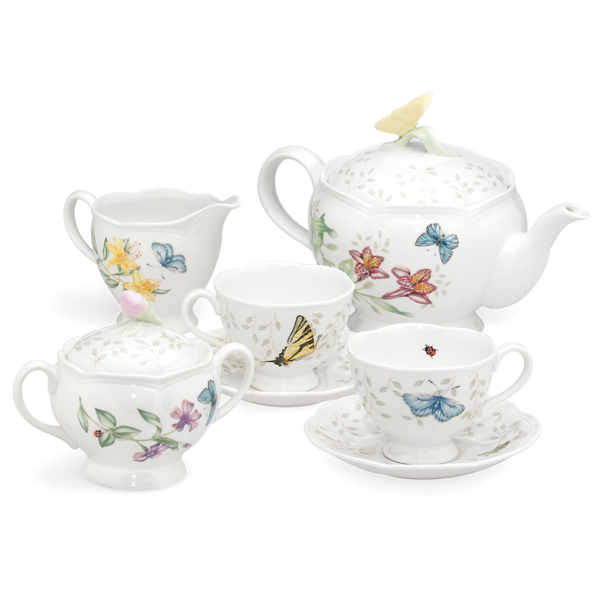 Lenox Butterfly Meadow 8-Piece Tea Set for 2, Porcelain White Floral Tea Cups & Saucers - Perfect for Afternoon Tea, Bridal Shower & Mother's Day Gifts