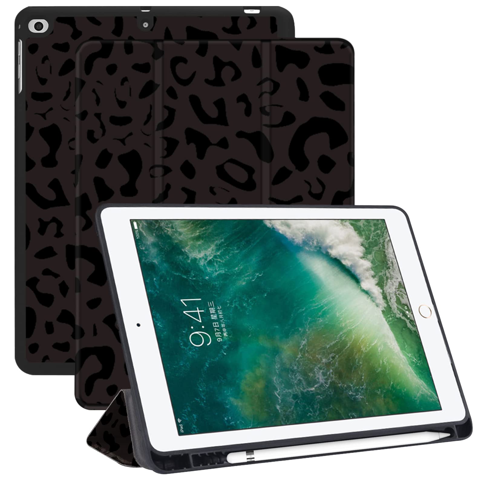Premium iPad Case for 6th/5th Gen (2018/2017), Air 2/Air 1 - 9.7 Inch Protective Cover with Pencil Holder, Soft TPU Back & Auto Sleep/Wake - Black Purple Leopard Cheetah Print - Perfect for Work, School & Travel