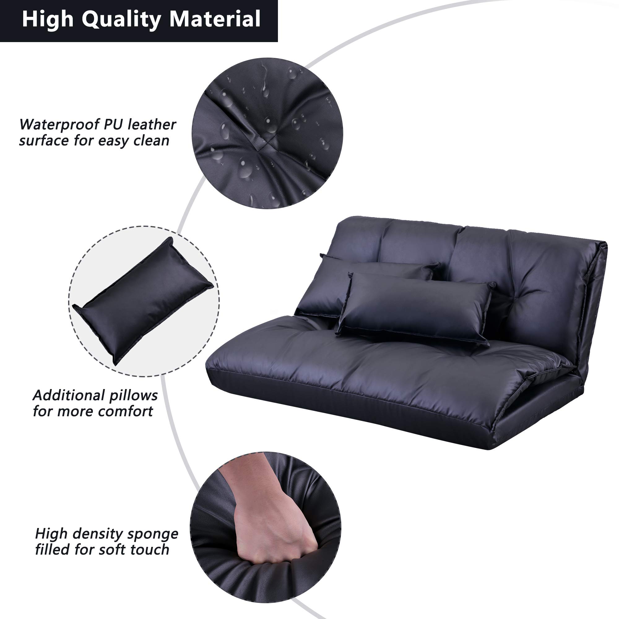Adjustable Lazy Sofa Bed - Modern PU Leather Floor Sofa for Living Room & Bedroom, Video Gaming Recliner with 2 Pillows (Black) | Perfect for Relaxing, Lounging & Gaming