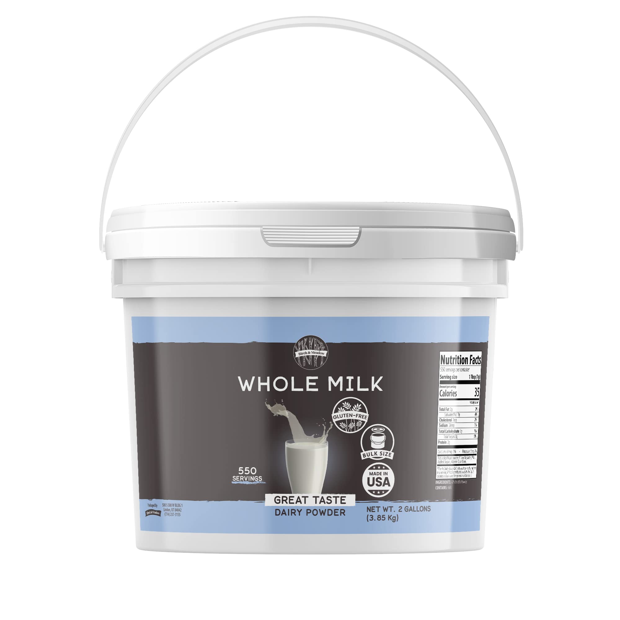 Birch & Meadow 2 Gallons Whole Milk Powder - Light Sweet Taste | Non-GMO, High Calcium | Perfect for Baking, Coffee Creamer & Emergency Food Storage