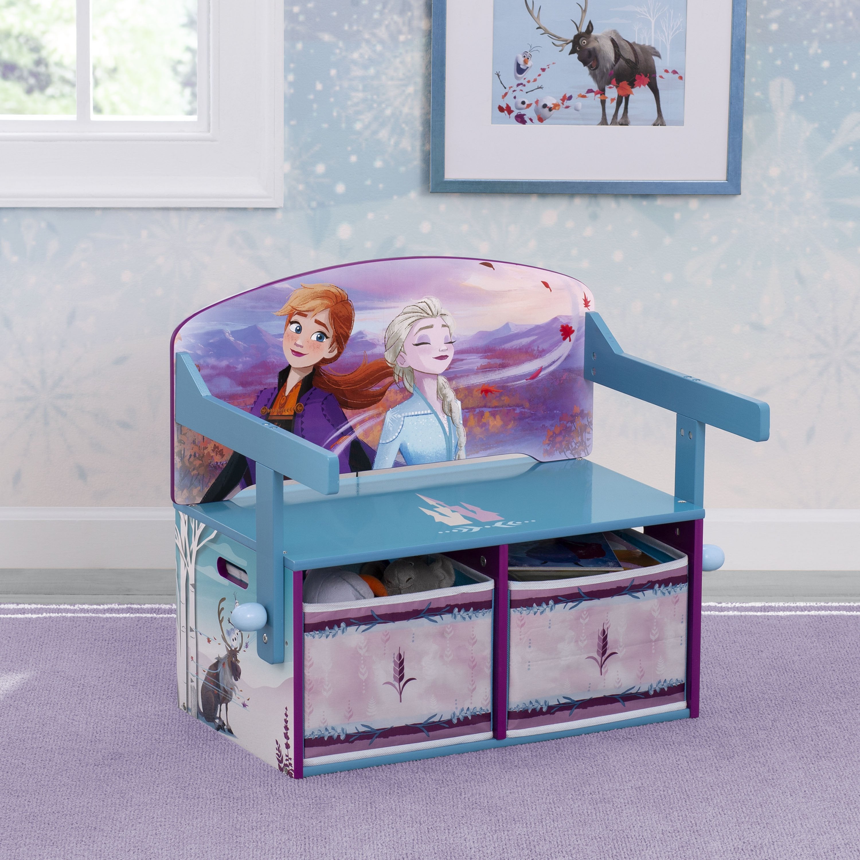 Frozen II Convertible Activity Bench for Kids - Multifunctional Toy Storage & Play Table - Perfect for Bedroom, Playroom & Nursery - Disney Frozen Themed Furniture