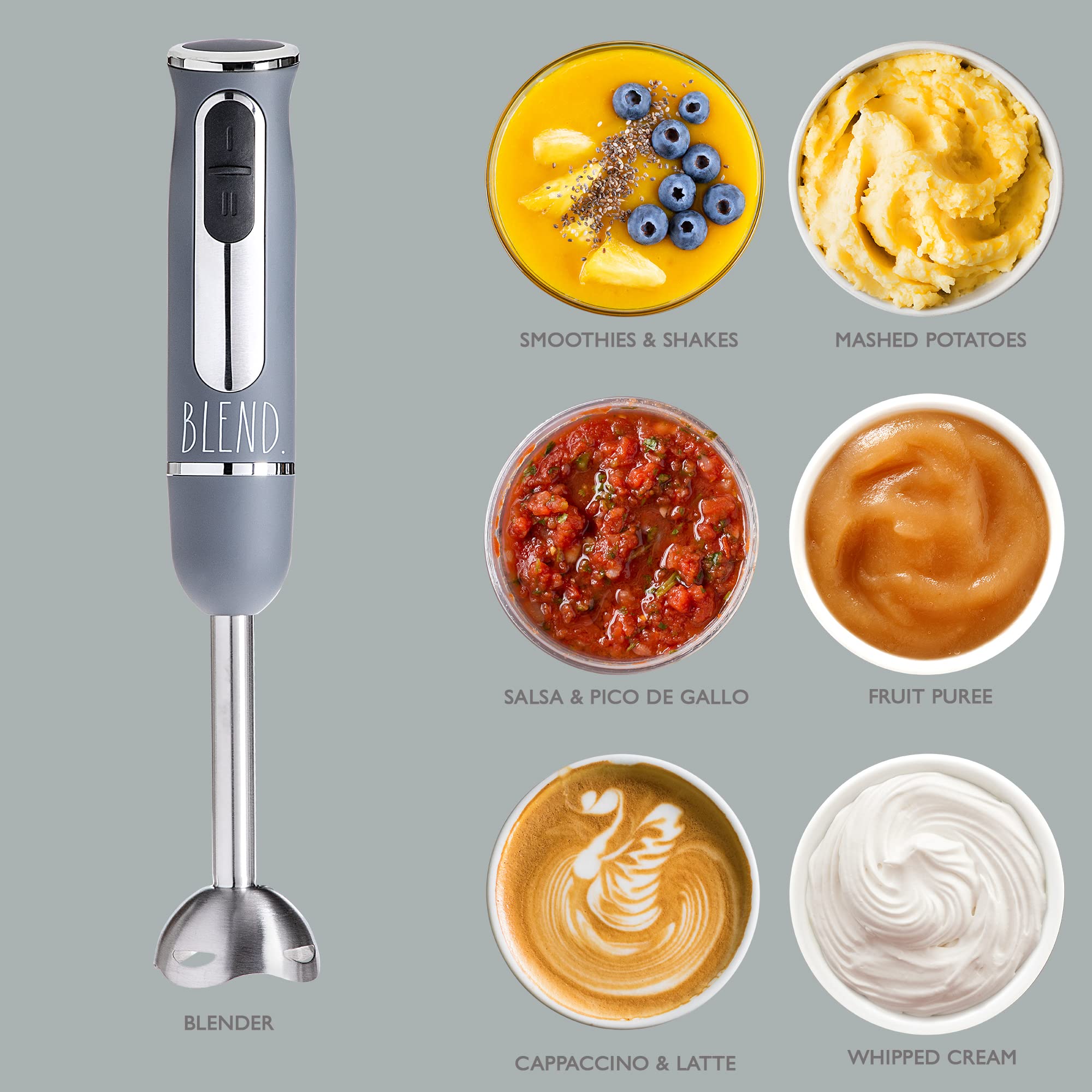 Rae Dunn Immersion Hand Blender 500W - 2-Speed Stainless Steel Handheld Blender with Whisk & Milk Frother Attachments - Perfect for Smoothies, Soups, Baking & Coffee Drinks at Home