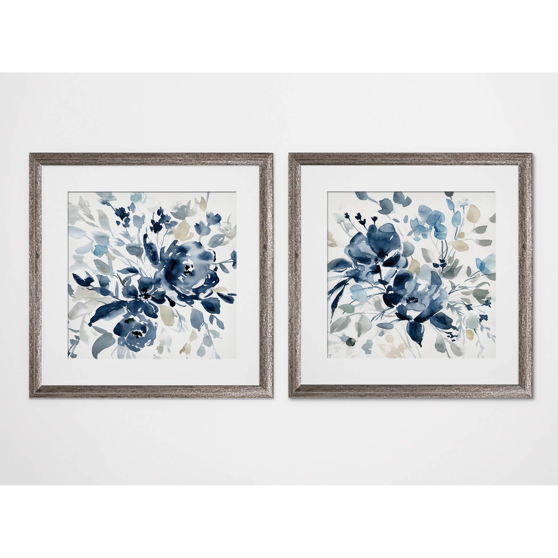 Indigo Garden I - 2 Piece Modern Contemporary Traditional Square Throw Pillow Set for Living Room, Bedroom & Sofa Decor