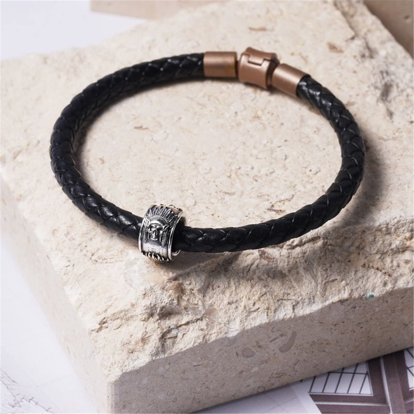 GNOCE Indian Chief Skull Sterling Silver Men's Charm Bead Bracelet - Handmade Jewelry for Men, Biker Style Accessory - Perfect for Gifts, Motorcycle Riders & Western Fashion Lovers