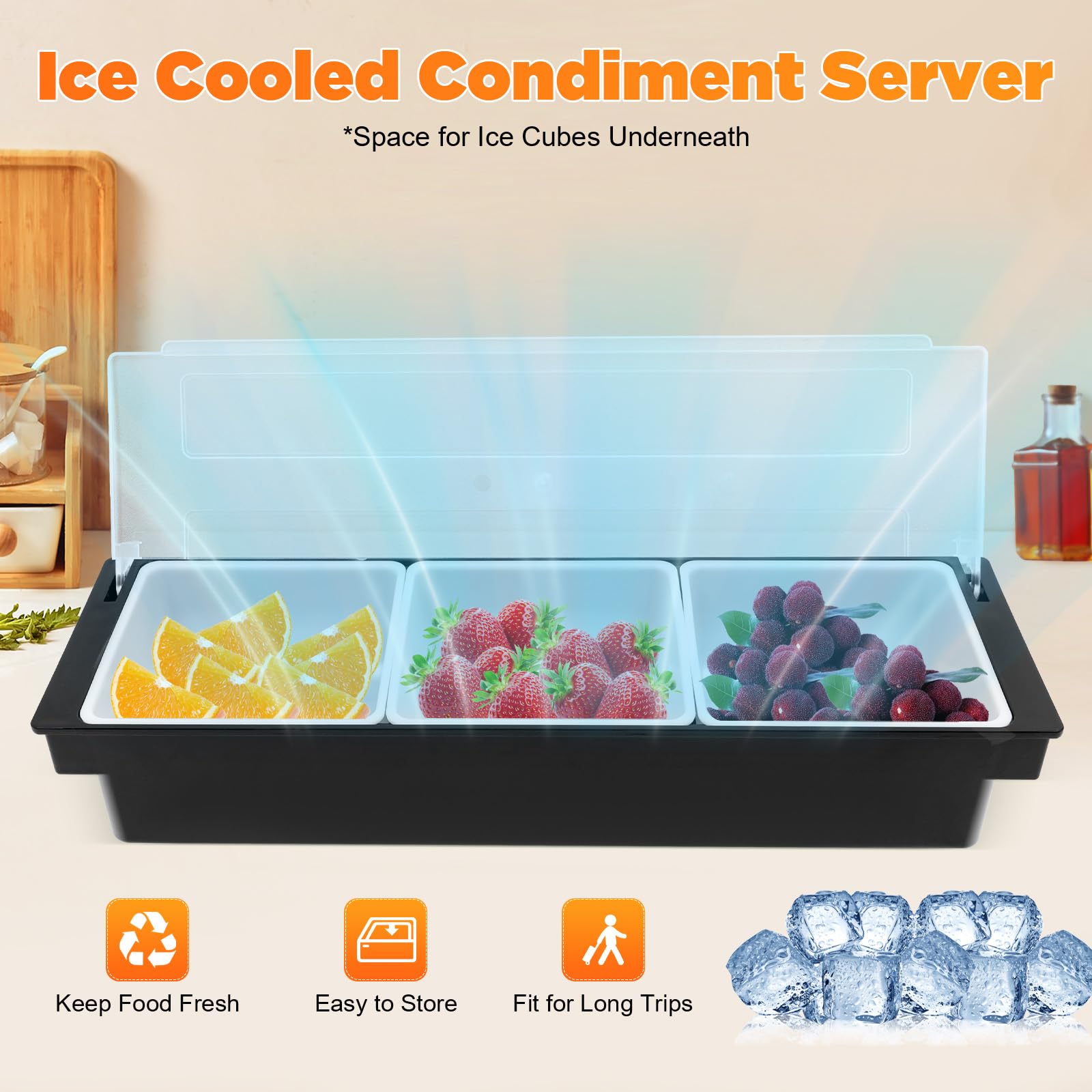 LOYALHEARTDY Chilled Condiment Server Tray with Lid - 3 Removable Compartments for Fruit, Ice Cream, Salad - Perfect for Parties, BBQs & Entertaining - Icy Condiment Bar for Keeping Food Fresh & Cool
