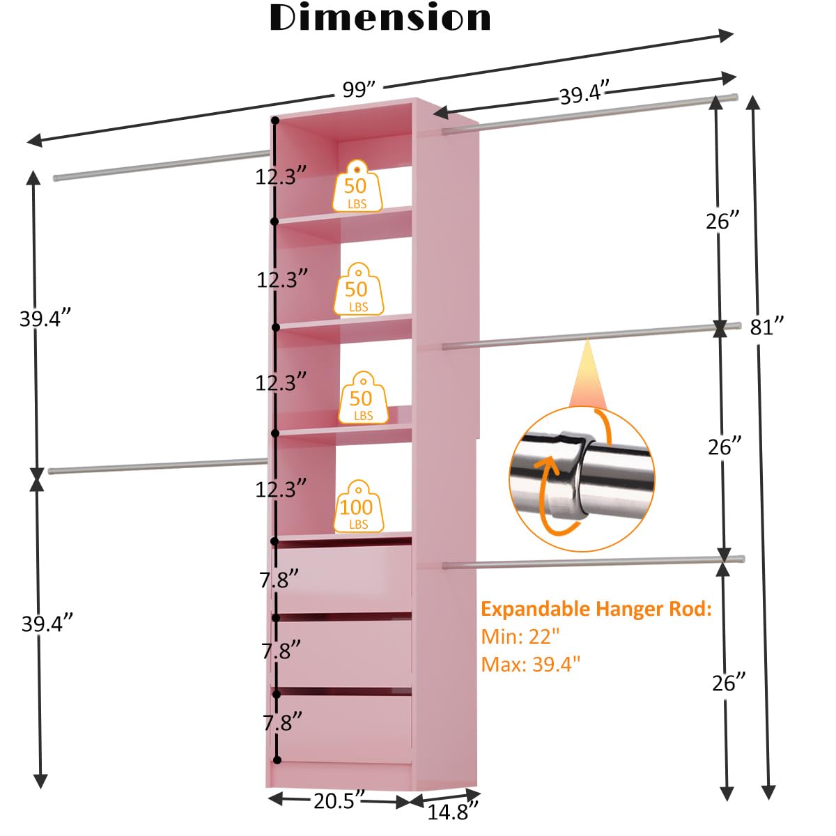 Custom Closet Organizer System 5-8FT with Drawers & Hanging Rods for Walk-in Closets (Pink)