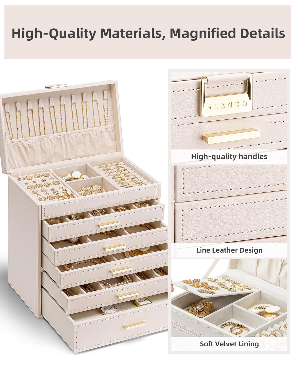 Vlando 6-Layer Large Jewelry Organizer Box - Premium Jewelry Storage Case for Necklaces, Rings, Bracelets & Watches - Perfect Drawer Organizer & Birthday Gift for Women, Mom, Girlfriend - Elegant Pink - Ideal for Bedroom Vanity, Travel & Gift Giving