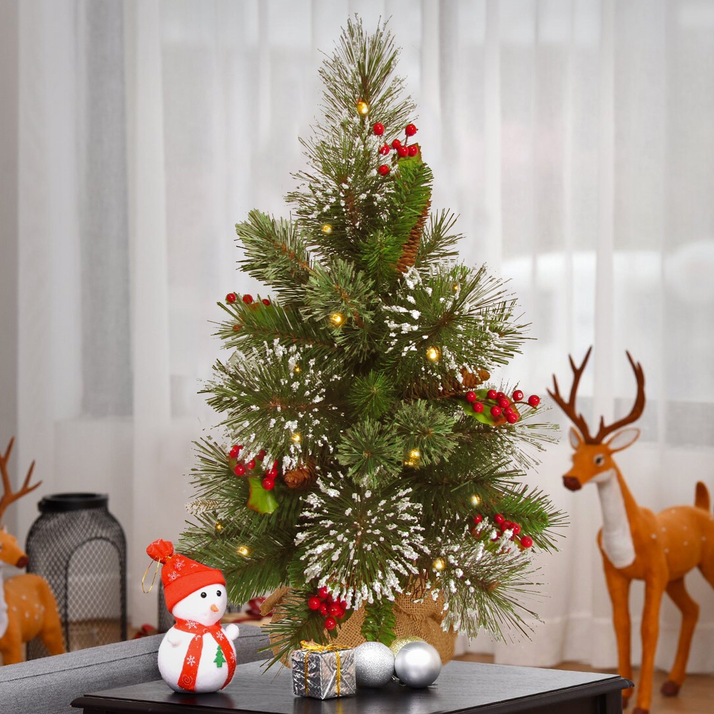 18 Inch Pre-Lit Wintry Pine Artificial Christmas Tree with 200 Warm White LED Lights - Perfect for Holiday Home Decor, Office & Indoor Festive Decorations