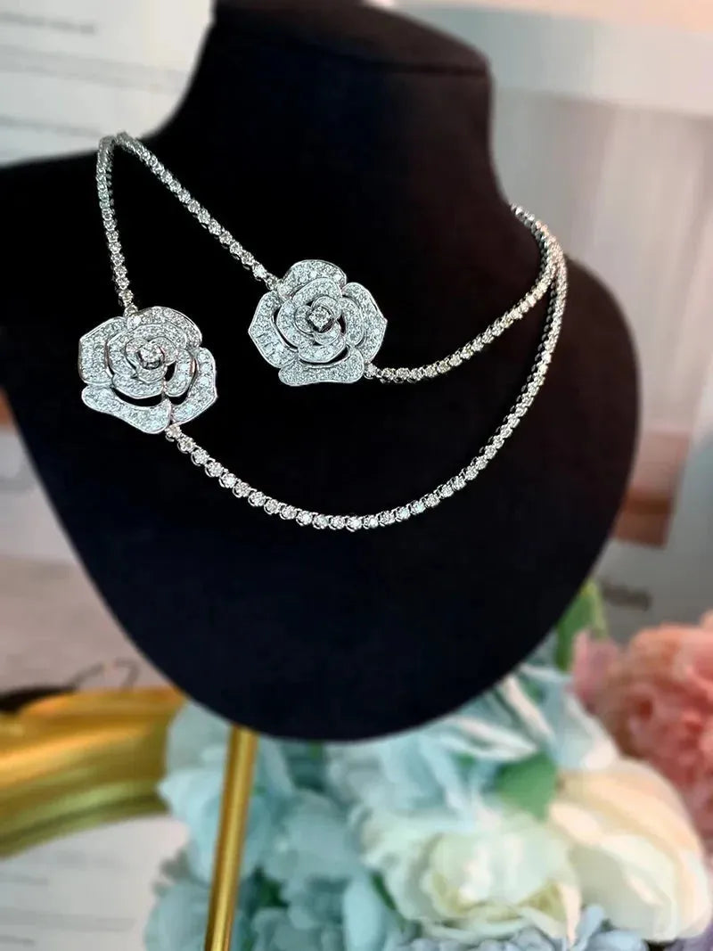 18K White Gold Diamond Pendant Necklace for Women - 3.5 Carat Natural Diamond Rose Design Wedding Jewelry, Elegant Bridal Gift & Anniversary Present