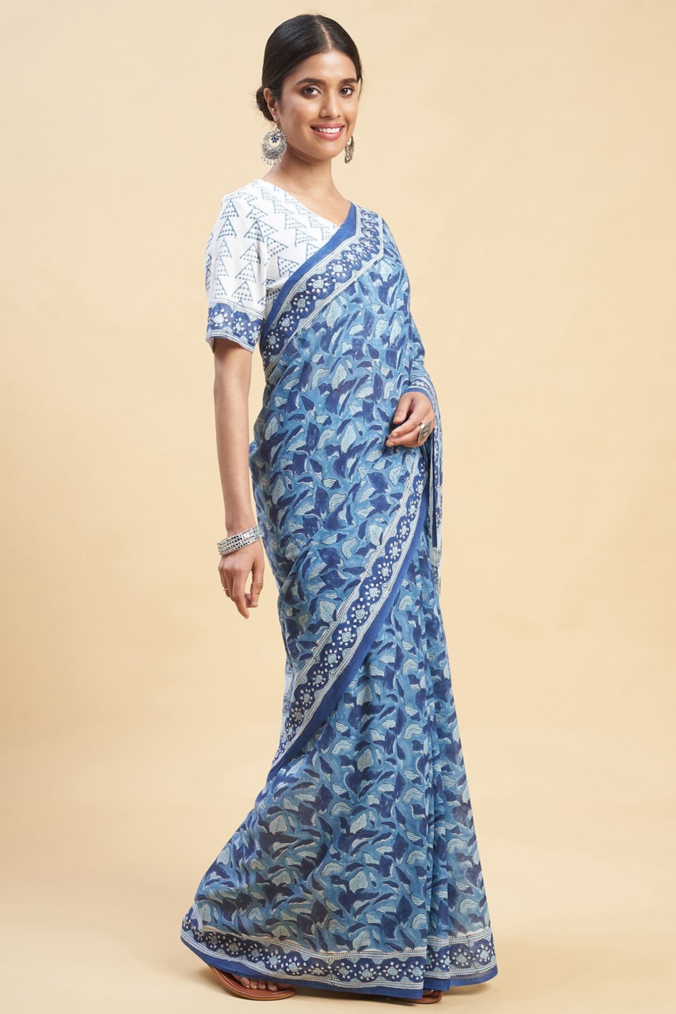 Autumn Blue Hand Block Printed Cotton Saree - Traditional Indian Wrap Dress for Women, Perfect for Festivals, Weddings & Special Occasions