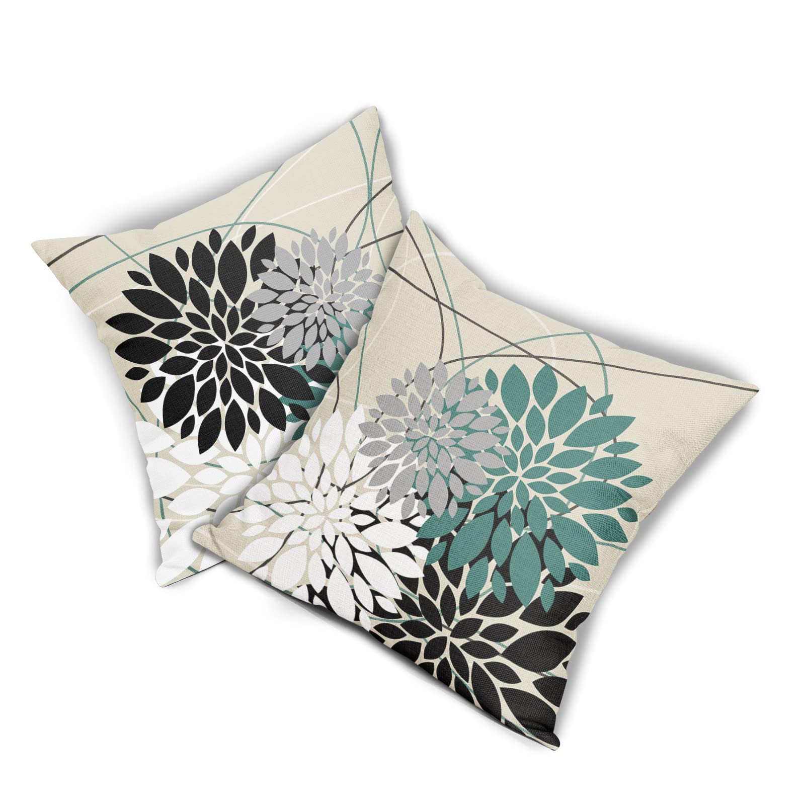 Premium 18x18 Inch Black Teal Floral Pillow Covers - Elegant Dahlia Flower Design in White & Gray - Set of 2 Modern Farmhouse Square Cushion Cases for Sofa, Couch, Bed, Living Room & Outdoor Decor - Soft Linen Throw Pillows for Home Styling & Comfort