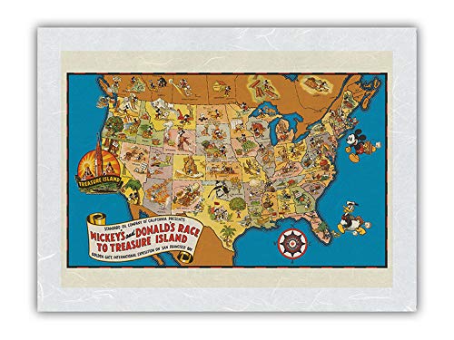 Vintage 1939 Disney Mickey & Donald Treasure Island Race Map - Premium Unryu Rice Paper Art Print 12x16 Inch - Perfect for Disney Collectors, Home Decor & Gift Ideas
