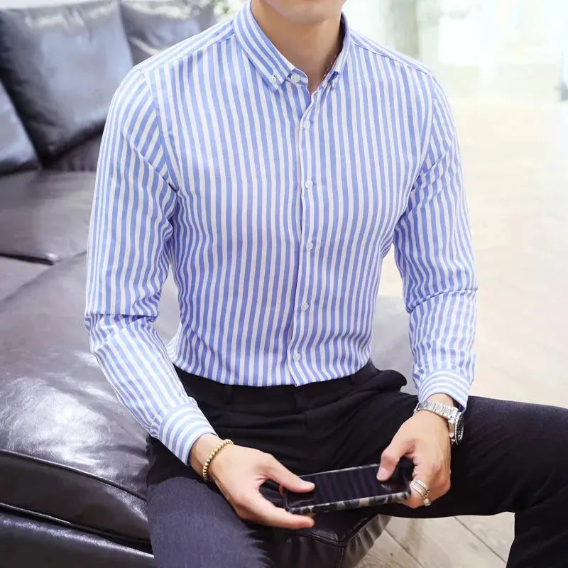 Premium Men's Striped Dress Shirt for Business & Formal Occasions - Office Wear, Weddings & Special Events