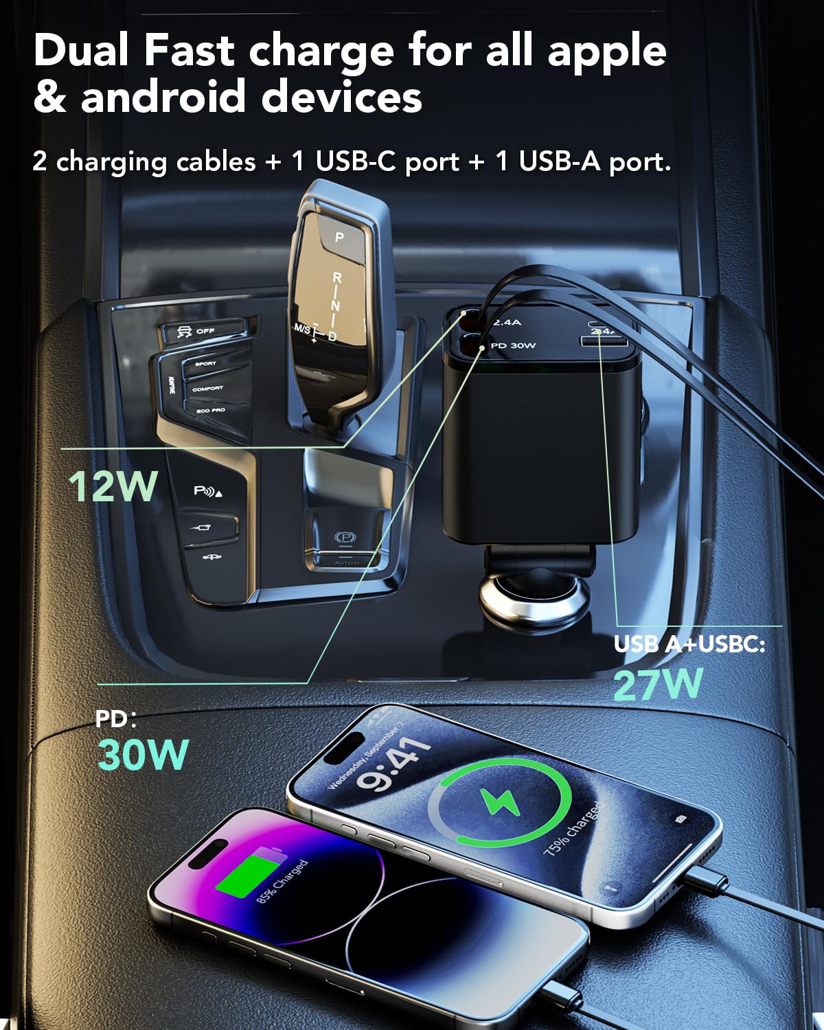 69W 4-in-1 Retractable Car Charger with 2.6ft Cord & Dual USB Ports - Fast Charging for iPhone 16/15/14/13/12/11, Galaxy & Pixel - Perfect for Road Trips & Daily Commutes