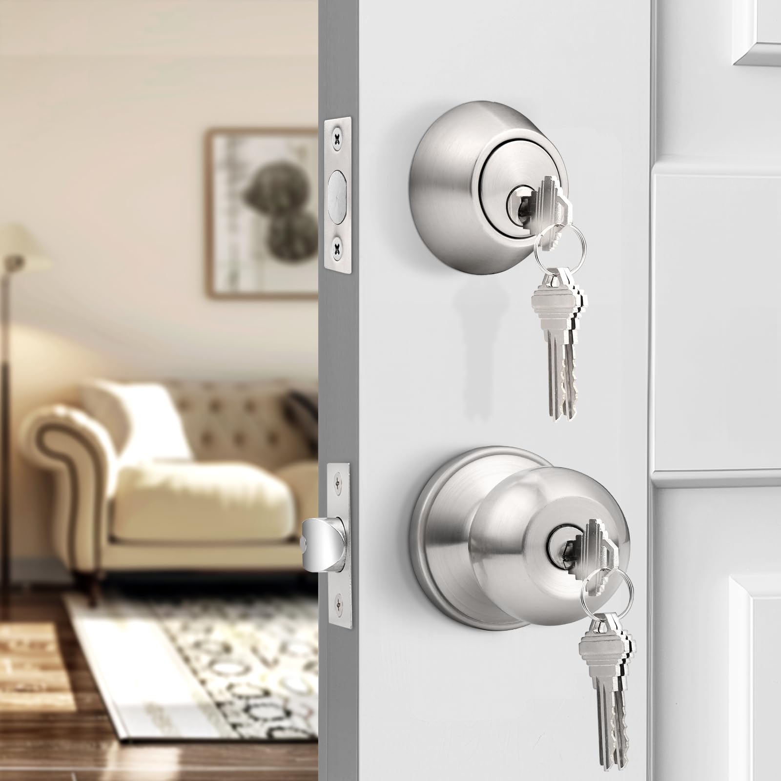 Probrico Satin Nickel Door Handle Set with Deadbolt - Keyed Alike for Home Security