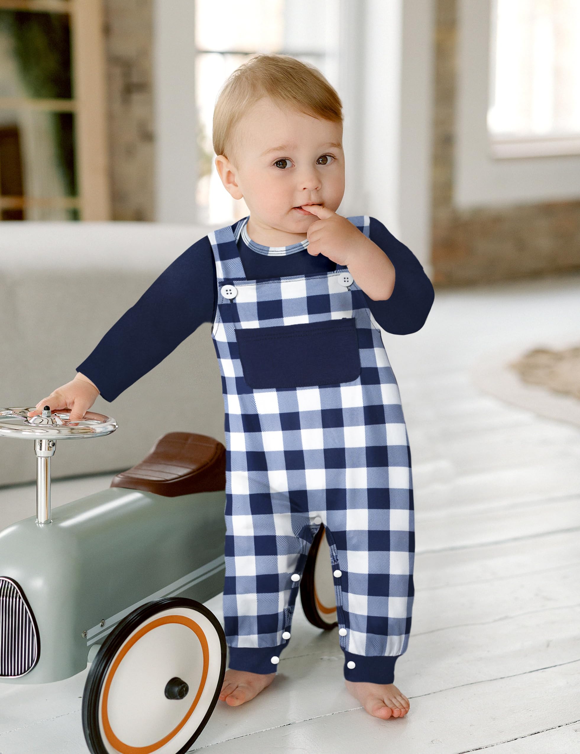 Cute Baby Boy Clothes - Long Sleeve Animal Print Romper & Plaid Overalls Jumpsuit Outfits for Newborns & Toddlers | Perfect for Playdates, Photo Shoots & Everyday Wear