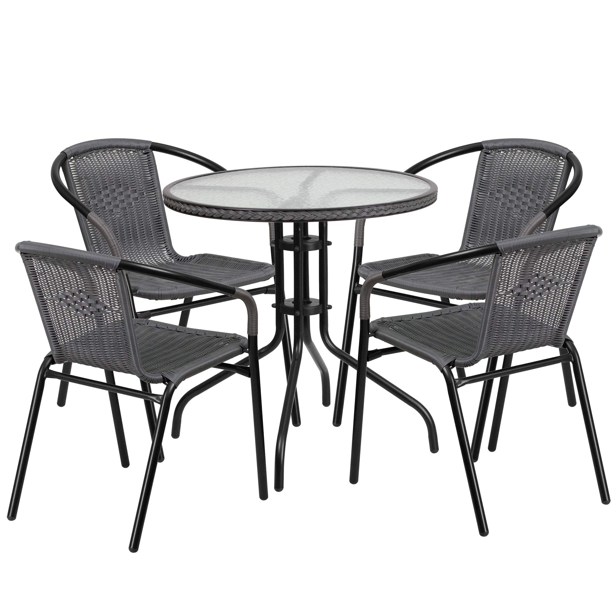 5-Piece Gray Rattan Round Glass Outdoor Patio Dining Set with 28.75