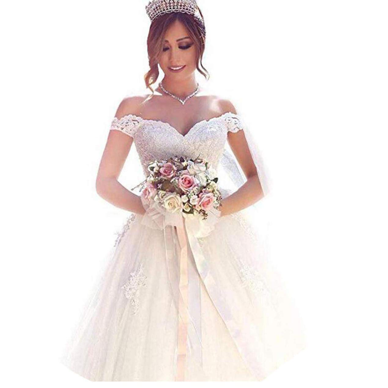 Elegant Off-the-Shoulder Princess Wedding Dress with Lace Applique - Ivory Bridal Ball Gown for 2024 Weddings | Perfect for Beach, Church, and Formal Ceremonies