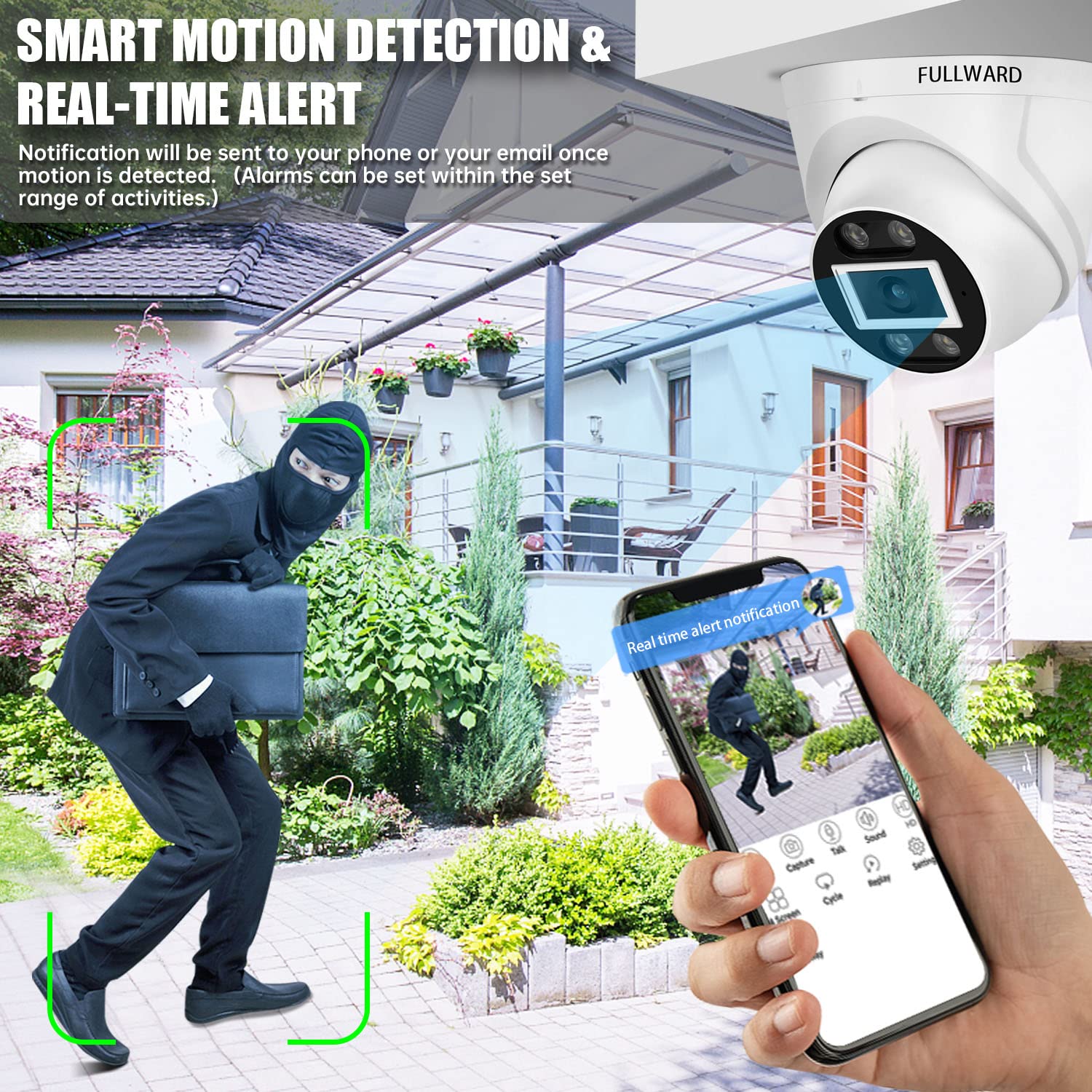 FULLWARD 5MP PoE Outdoor Security Camera with Human/Vehicle Detection, Ultra HD IP Dome Camera, 2-Way Audio, IP66 Weatherproof, Supports 512GB SD Card & Includes PoE Adapter - Ideal for Home, Office & Business Surveillance