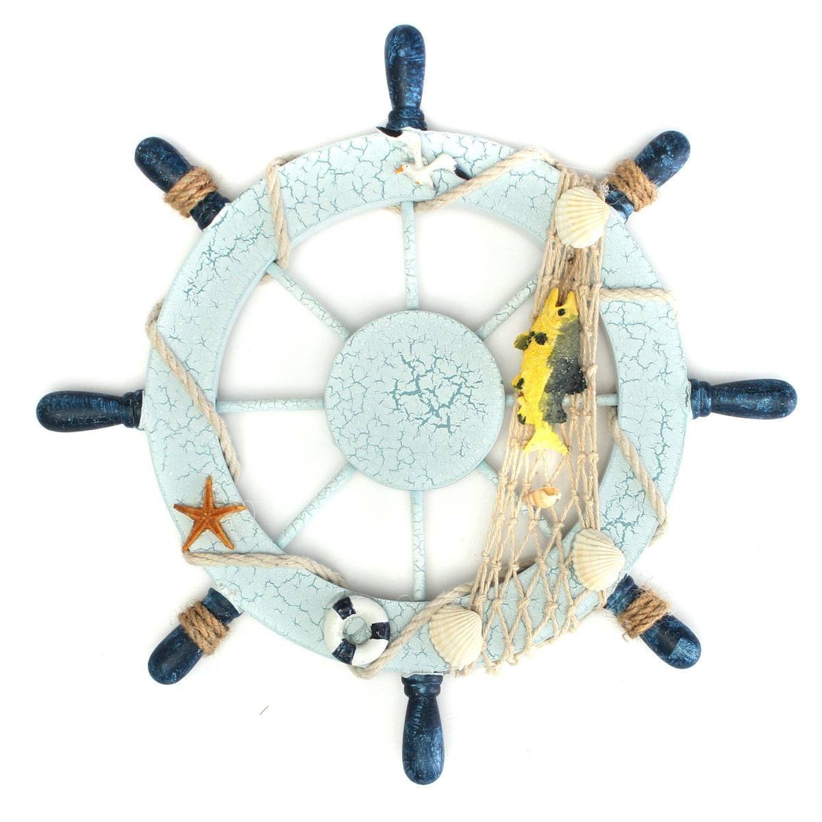 Vintage Nautical Boat Ship Steering Wheel Wall Decor with Fishing Net & Shells - Coastal Beach Themed Home Decor for Living Room, Bedroom, or Office