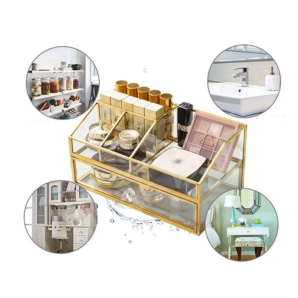 YUEHUA Clear Glass Makeup Organizer with Gold Trim - Brush, Jewelry, Nail Polish & Lipstick Holder for Vanity, Bathroom or Office | Stylish Cosmetic Storage & Display Case for Beauty Essentials
