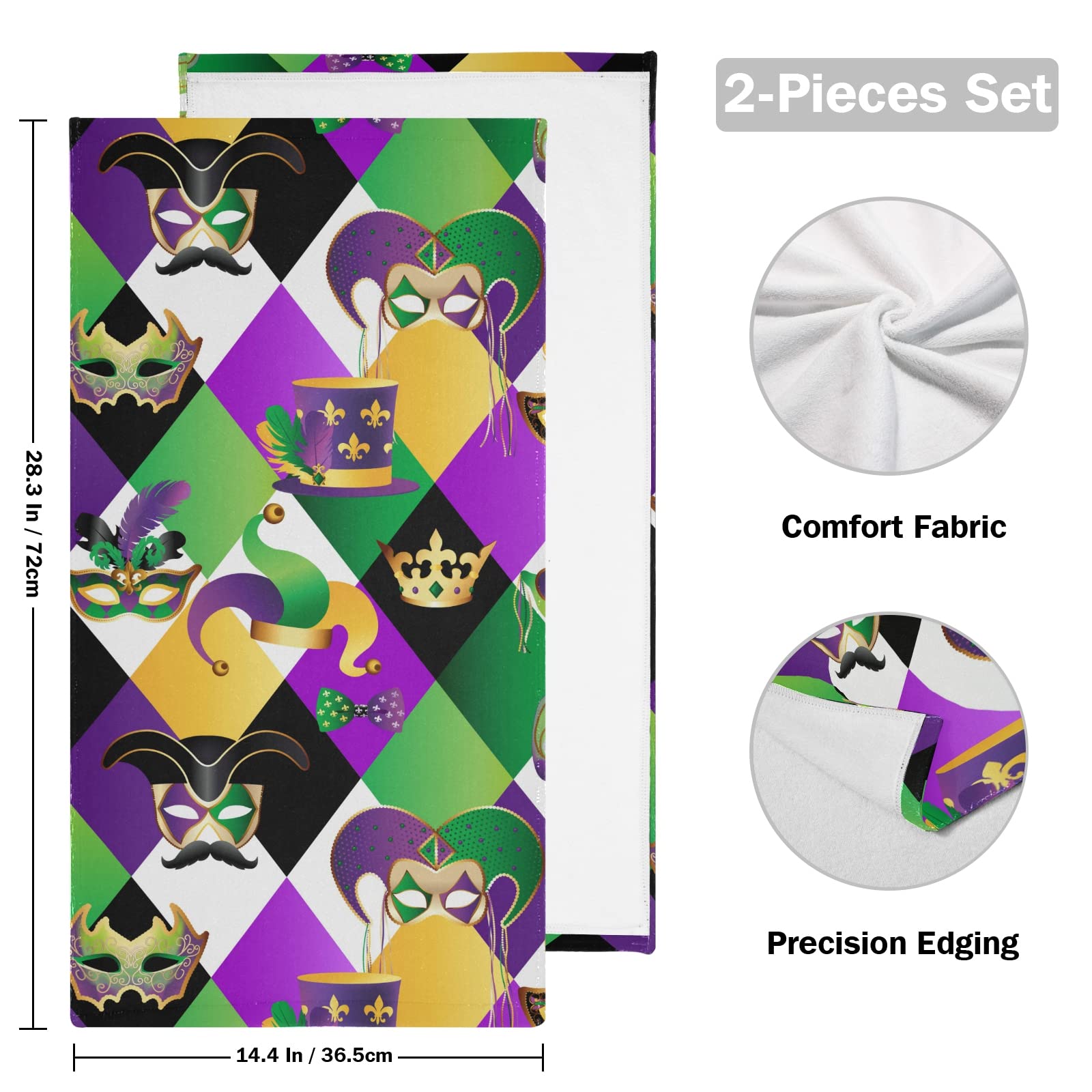 Golden Carnival Masks & Mardi Gras Hand Towels Set of 2 - 14x28 Inch Soft Bath & Face Towels for Guest, Kitchen, Tea & Dish - Perfect for Bathroom Decor, Parties & Themed Events